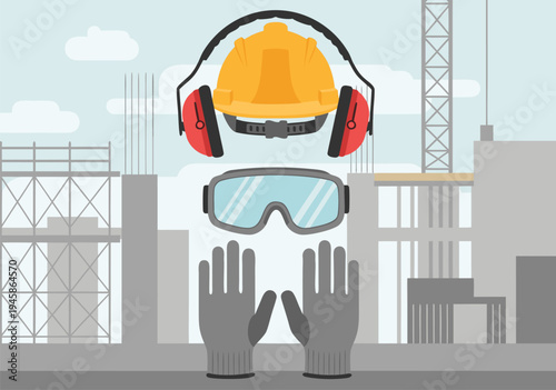 Construction Safety Equipment Vector Illustration of Hard Hat, Safety Glasses, and Gloves for a Secure Workspace