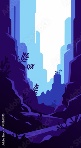 Vector illustration of a dramatic canyon landscape with steep cliffs and sparse vegetation under a bright sky