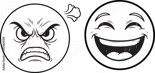 Two black and white cartoon faces showing anger and laughter