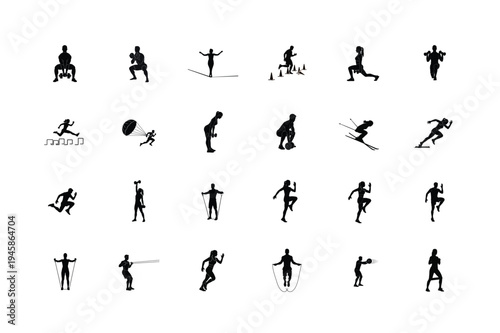 Resistance Band Training, Medicine Ball Throws, Speed Ladder, Skipping Rope, Kickboxing, and Rope Climb Silhouettes