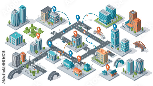 Isometric Smart City Navigation Map Vector Illustration with GPS Location Pins Roads Buildings Urban Transport and Route Planning