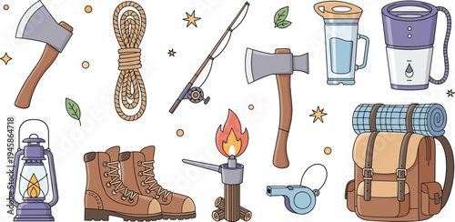 Vector Illustration Set of Outdoor Survival and Camping Gear Including Backpack Hiking Boots Axe Lantern and Fishing Rod