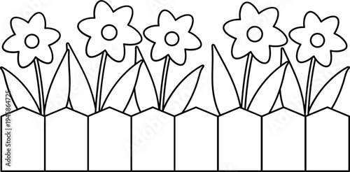Cute spring flower bed with wooden fence outline.
Decorative flower bed with wooden fence outline for printable spring coloring page.
Transparent background. SVG.
