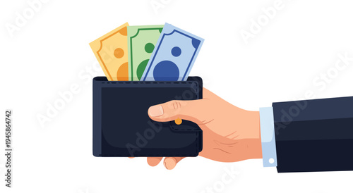 Hand holding a wallet with cash in a vector illustration showing financial wealth and currency in a business context