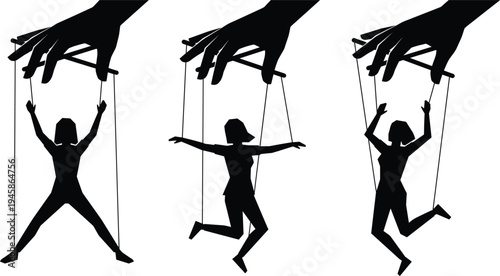 puppet control concept, manipulation metaphor, human marionette silhouette, social influence idea, power domination theme, authority control concept, psychological manipulation symbol