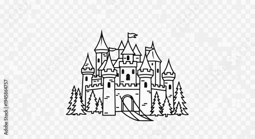 A hand-drawn outline of a fairytale castle with multiple towers and flags, surrounded by pine trees