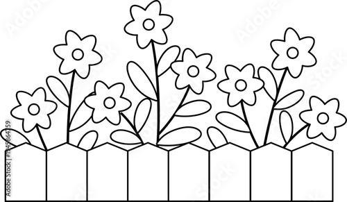 Cute spring flower bed with wooden fence outline.
Decorative flower bed with wooden fence outline for printable spring coloring page.
Transparent background. SVG.