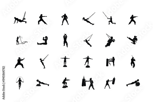 Silhouette Set of Dumbbell Rows, Barbell Squats, Deadlifts, Ring Dips, Core Crunches, and Leg Raises