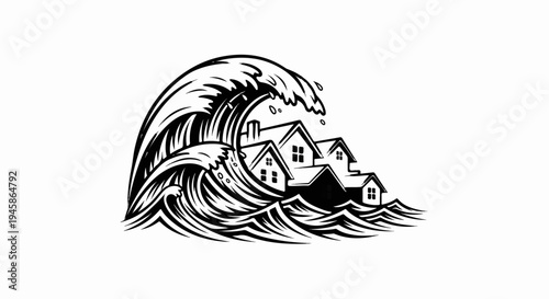 A large wave crashes over houses, causing flooding and destruction