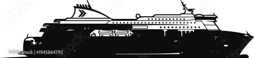 A large, multi-decked passenger ship, rendered in a stark black and white silhouette