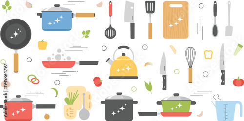 Vector Illustration Set of Kitchen Utensils and Cookware Including Pots Pans Kettle Knives and Cutting Board Isolated on White