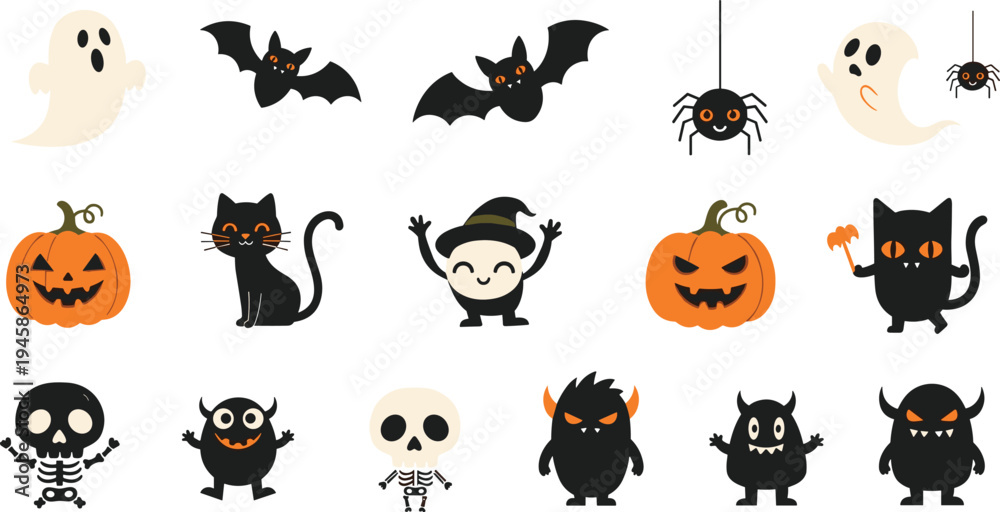 Fototapeta premium Cute Halloween Characters Collection Ghost Bat Pumpkin Cat Skeleton and Monsters Cartoon Vector Illustration Set