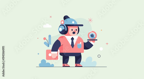 A cartoon man in a suit with headphones holds a webcam