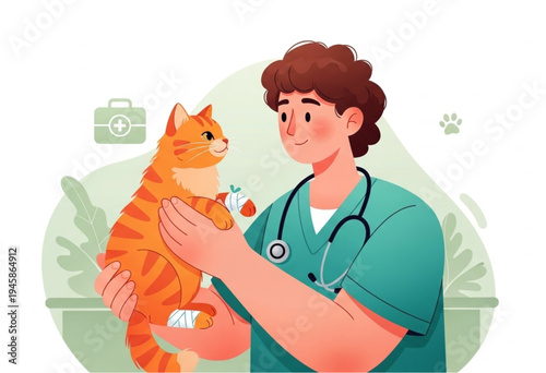 Veterinarian examining a bandaged cat in a medical clinic.