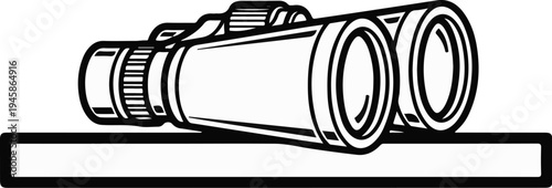 A black and white illustration of binoculars resting on a rectangular ledge