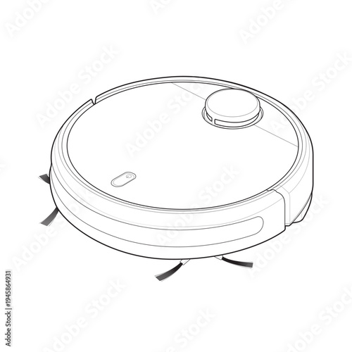 Isometric line illustration of a modern round robot vacuum cleaner autonomous floor cleaning appliance with lidar sensor.