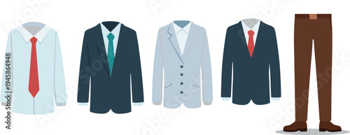 Men Business Clothing Set Vector Illustration with Formal Shirts Suits Jackets Tie and Trousers Corporate Fashion Collection