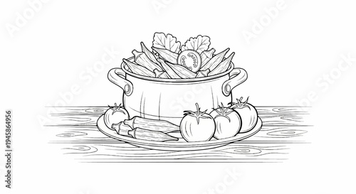 A line drawing of a pot filled with okra and tomatoes on a wooden surface