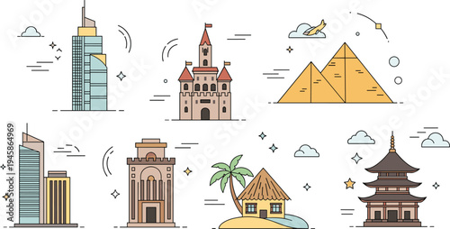 Vector Illustration Set of Famous Landmarks and Buildings Including Skyscraper Castle Egyptian Pyramid Pagoda and Tropical Hut Isolated on White