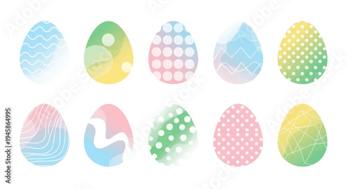 Colorful Easter eggs with various patterns and designs on a white background, abstract artistic style, festive holiday concept