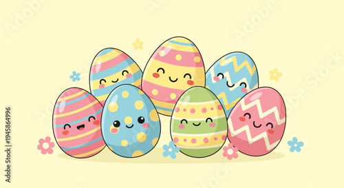 A group of colorful, decorated Easter eggs with smiling faces in a playful, whimsical, cartoon-style artistic rendering for Easter celebrations and springtime festivities