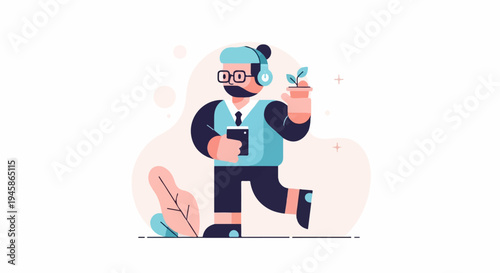 A cartoon man in headphones walks with a potted plant and a phone