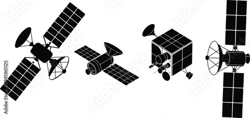 Satellite communication technology silhouette illustration design, space exploration artwork concept, orbital science theme, solar panel symbol, aerospace graphic style image