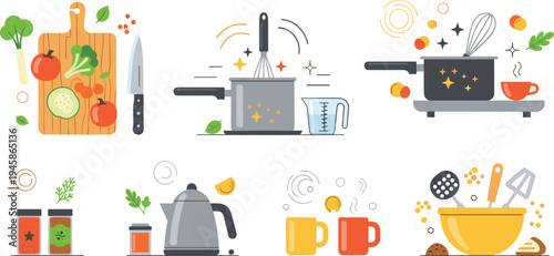 Vector Illustration Set of Cooking Process and Kitchen Utensils Including Cutting Board Pots Whisking and Kettle Isolated on White