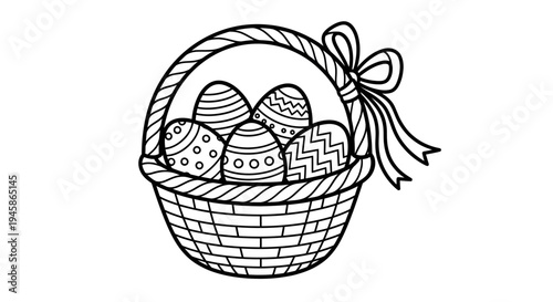 Black and white line drawing of a wicker Easter basket filled with decorated eggs on a white background, a classic holiday symbol in a simple artistic style.