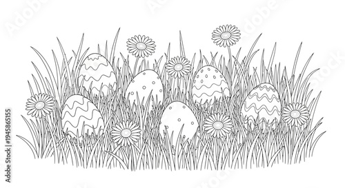 Easter eggs hidden among tall grass and daisies in a whimsical line drawing style for coloring book, springtime fun and celebration concept.