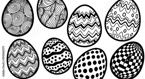 Detailed black and white Easter eggs with various patterns and designs for coloring book or decoration