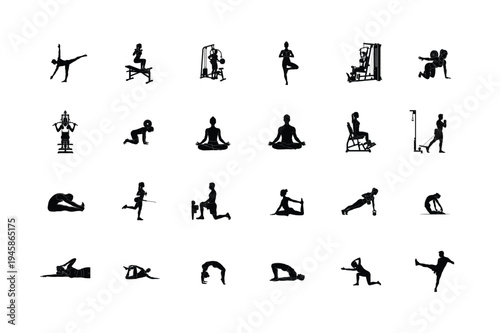 Suspension Trainer, Leg Raises, Pull Ups, Prenatal Yoga Stretching, Slacklining, and Indoor Wall Climbing Silhouettes