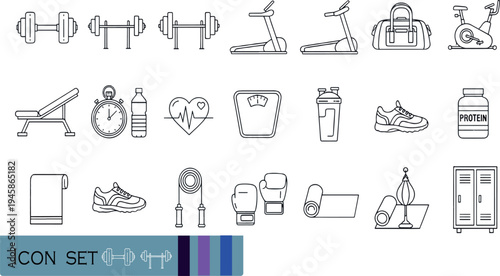 Print Minimalist Gym and Physical Fitness Icon Set Featuring Strength Training Equipment Cardio Machines and Workout Essentials for Healthy Lifestyle
