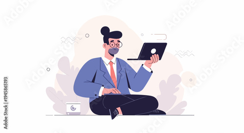 A man in a blue suit, sitting cross-legged, uses a laptop and a coffee cup