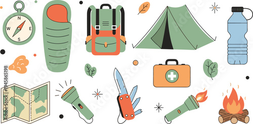 Vector Illustration Set of Camping and Hiking Equipment Including Tent Backpack Sleeping Bag Compass and Campfire Isolated on White