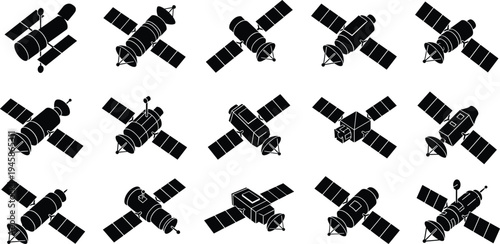 Satellite space station silhouette illustration design, aerospace technology artwork concept, orbital spacecraft theme, communication symbol, futuristic engineering graphic style image