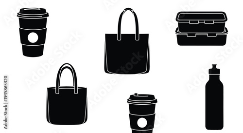 Everyday essentials including coffee bags containers and a water bottle silhouette