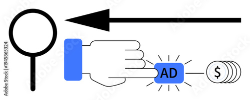Digital advertising. Digital advertising with click action, magnifying glass for search, and coins for revenue. Digital advertising for SEO, marketing, PPC campaigns, monetization strategies