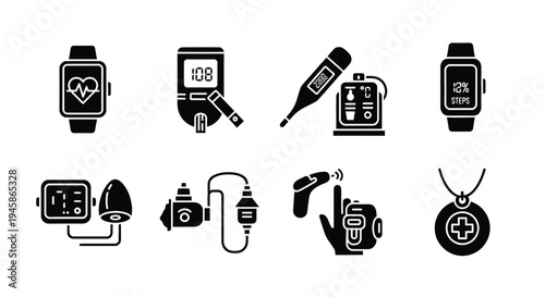Medical devices and health monitoring technology icons in a black silhouette