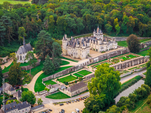 High angle Drone Point of View on Usse Castle in the Indre-et-Loire region, Western France on summer day. The Castle dates from the 15th Century.