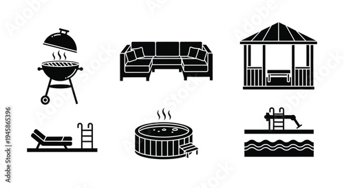 Outdoor living set including grill furniture hot tub and pool silhouette