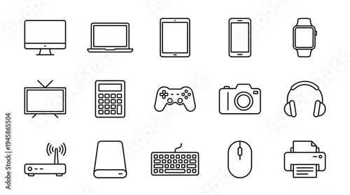 Electronic and devices related line icon set. Computers and mobile phones linear icons. Laptop, hardware and tablet outline vector sign collection.