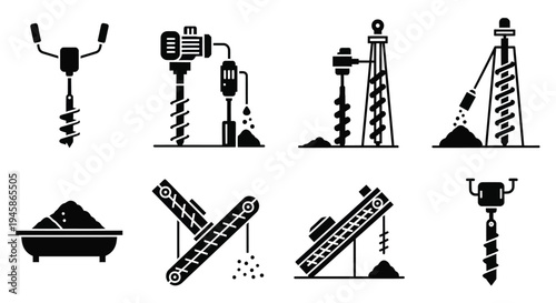 Vintage drilling equipment illustrations in black presenting a striking silhouette