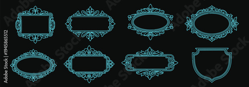 Collection of ornate teal frames with various shapes and designs on a black background for graphic design and decoration, islamic decoration