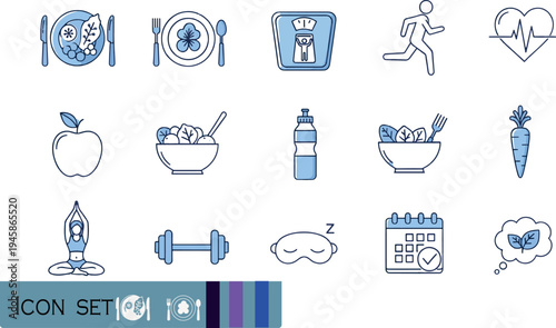 Print Minimalist Healthy Lifestyle and Fitness Icon Set Featuring Nutrition Exercise Mental Wellness and Daily Wellbeing Habits in Blue Tones