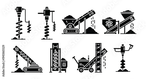 Construction machinery icons set depicting various tools and equipment silhouette
