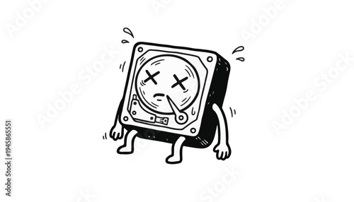 Vector Hard Drive Character Exhausted Concept Technology Burnout Hardware Maintenance Data Fatigue Digital Storage System
