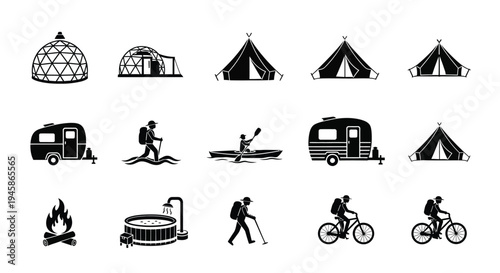 Various camping and outdoor accommodations depicted in black silhouette high quality