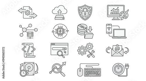 Set of Cloud Computing, Cybersecurity and Data Technology Line Icons