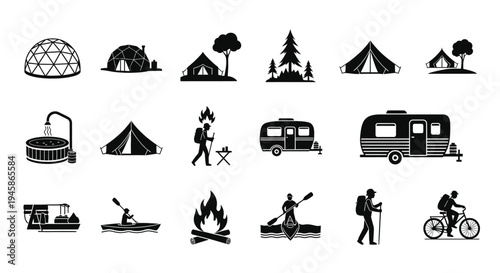 Various camping and outdoor recreation icons in a stark black silhouette